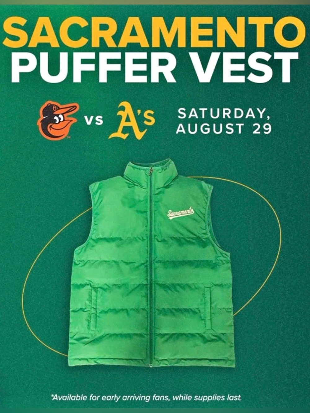 Brand New A’s Puffer Vest Green Sacramento Athletics